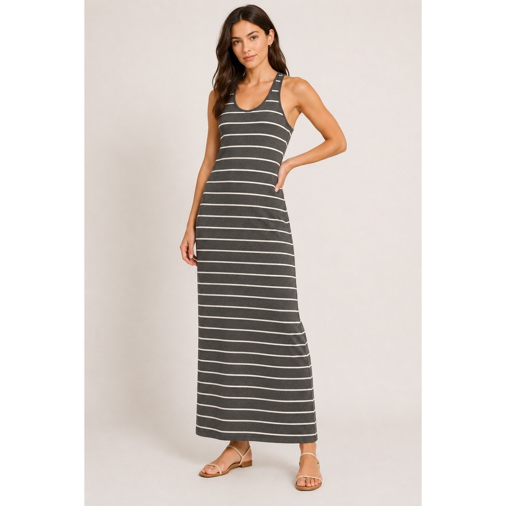 Striped Racerback Maxi Dress Charcoal Grey White Sleeveless Jersey‎ Knit SZ L